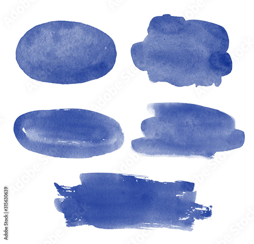 Many watercolor blue brush strokes. Different shapes. Hand draw Set smears. Watercolor Textplates.