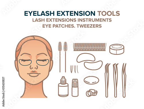 Eyelash extension tools illustration. Eye patches, eyelashes, tweezers, glue, other