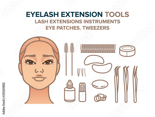 Eyelash extension tools illustration. Eye patches, tweezers, eyelashes, glue, other