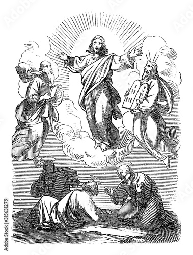 Vintage drawing or engraving of biblical story of Jesus talking with Moses and Elijah.Bible, New Testament,Matthew 17. Biblische Geschichte , Germany 1859.