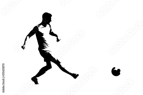 Soccer player passing ball  isolated vector silhouette  ink drawing  side view