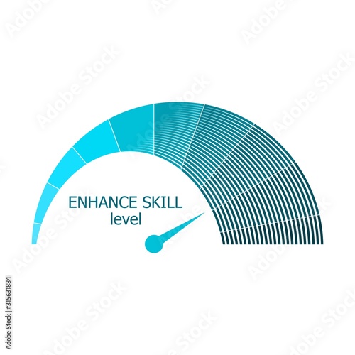 Scale with arrow. Enhance skill level measuring device icon. Sign tachometer, speedometer, indicators. Infographic gauge element.