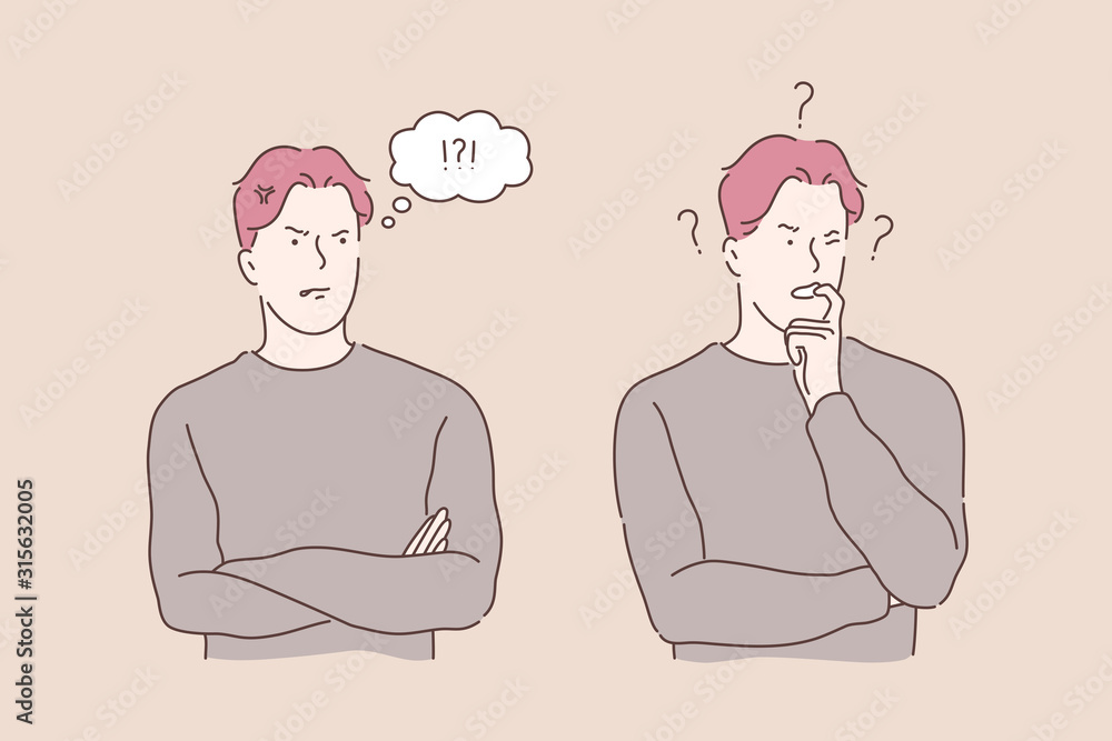 Problem, speech bubble, stress, thinking set concept. Young man has business problem, exclaims in speech bubble. Critical thinking is helpful. Raise of stress level makes nervous. Simple flat vector Problem, speech bubble, stress, thinking set concept. Young man has business problem, exclaims in speech bubble. Critical thinking is helpful. Raise of stress level makes nervous. Simple flat vector