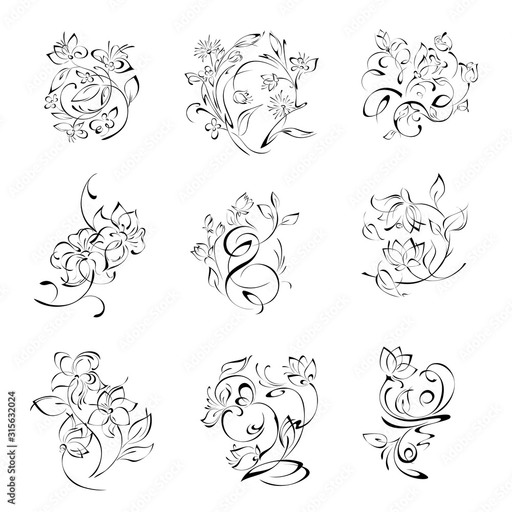 floral ornament 1. SET. floral ornament of stylized flowers with leaves in black lines on a white background. set floral ornament 1. SET. floral ornament of stylized flowers with leaves in black lines on a white background. set