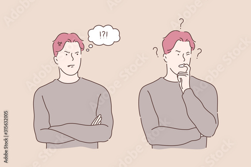 Problem, speech bubble, stress, thinking set concept. Young man has business problem, exclaims in speech bubble. Critical thinking is helpful. Raise of stress level makes nervous. Simple flat vector