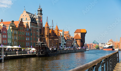 Sunny day of Motlawa river embankment in historical part of Gdansk, Poland
