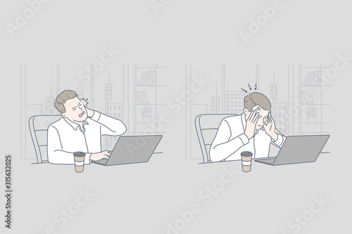 Business, stress, work, problem set concept. Young tired exhaused businessman has serious problem on work and tries to find solution. Overworking causes raise of stress level. Simple flat vector