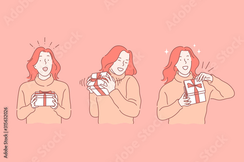 Holiday, birthday, gift, joy, surprise set concept. Happy excited girl has taken birthday gift. Holiday surprise is really amazing. Gladful woman is in expectation of birthday gift Simple flat vector