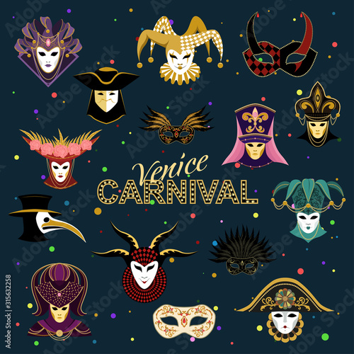 Set of venetian masks. Vector images on a blue background.