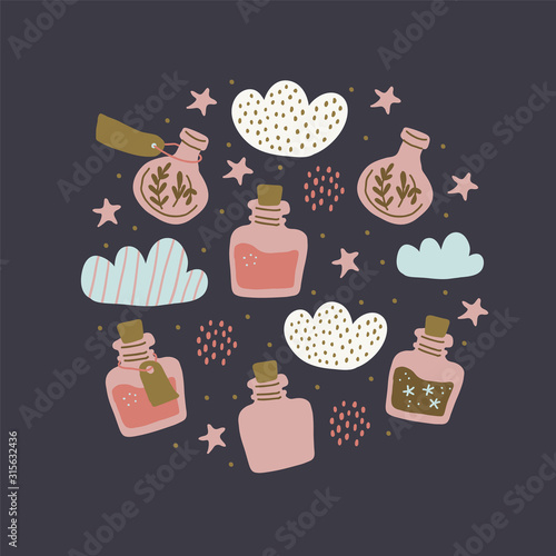 Circle illustration  colorful magic potion bottles