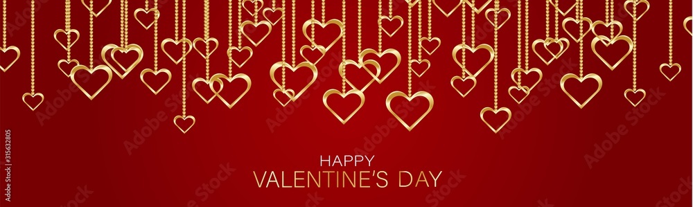 Valentines Day banner background or website header with hanging golden 3d hearts. Love design concept. Romantic invitation or sale offer promo. Vector illustration. - obrazy, fototapety, plakaty 