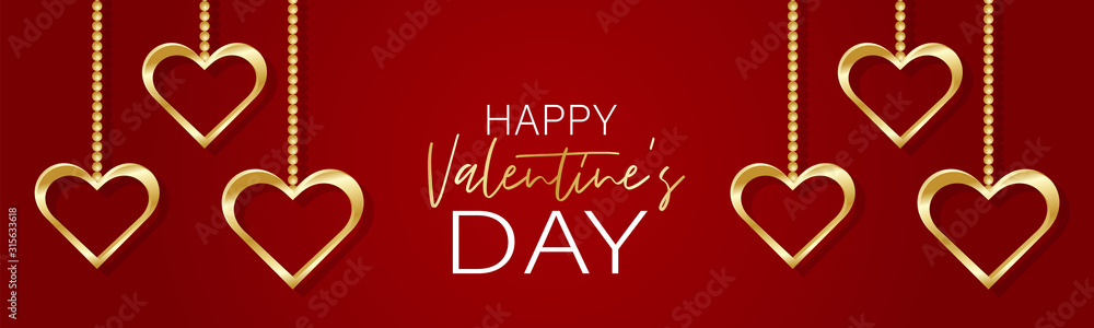 Valentines Day banner background or website header with hanging golden 3d hearts. Love design concept. Romantic invitation or sale offer promo. Vector illustration.