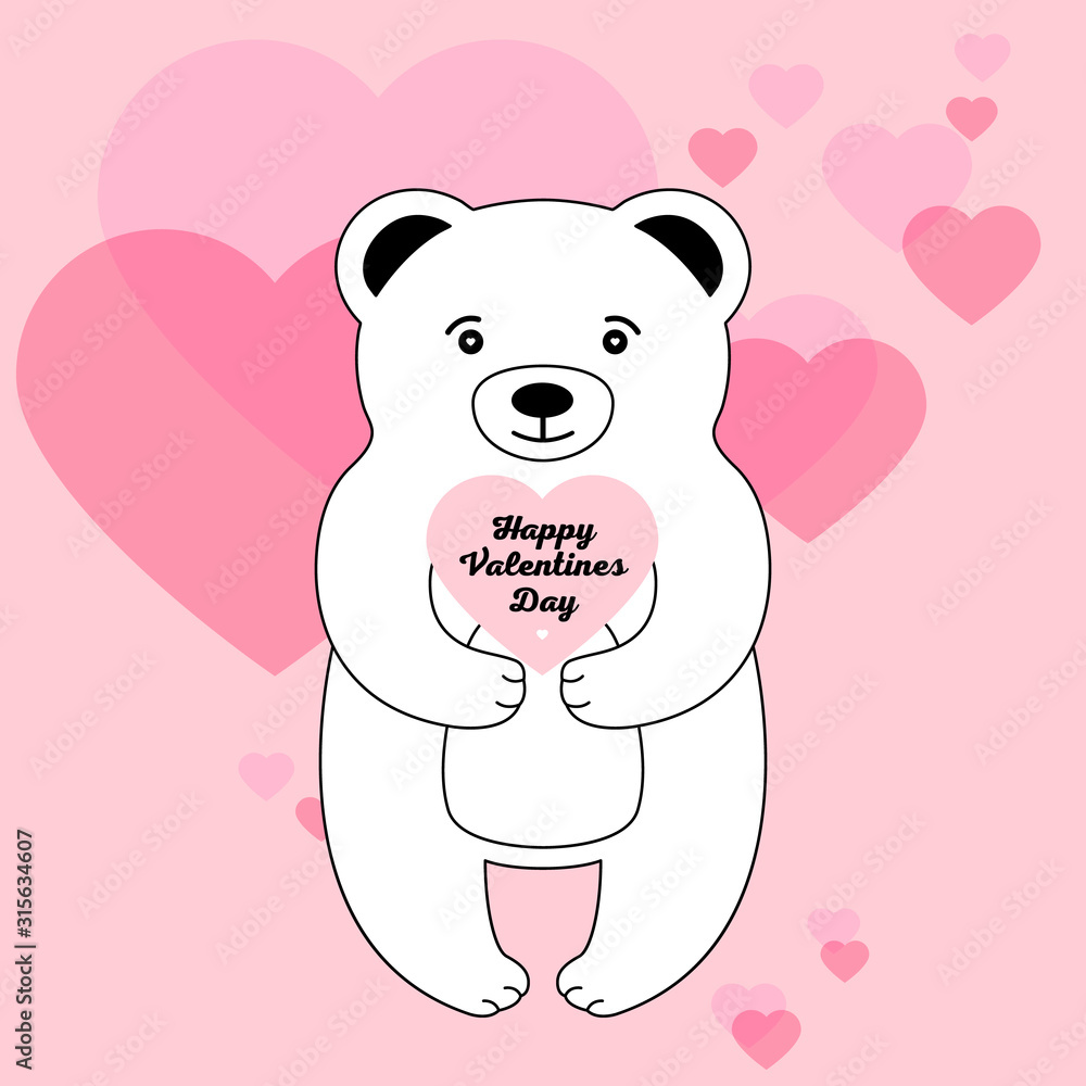 Fototapeta premium Greeting card for the holiday Valentine's Day, a cute white bear hugs a heart.