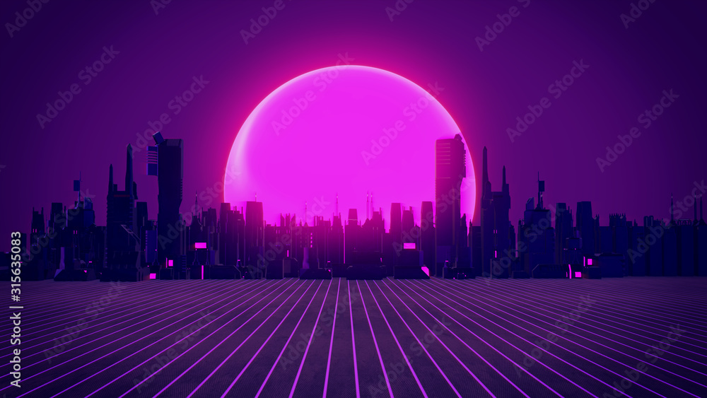 Retro 80s synthwave glowing neon lights plane with sun and city skyline ...