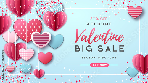 Happy Valentine`s day background with love hearts. Valentine`s day sale poster