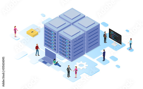 data center or server room processing data operation with security protection and maintenance with isometric design style