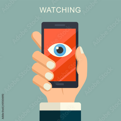 Face recognition, surveillance concepts. Hand holding smartphone with watching eye on screen. Mobile phone with eye icon. Modern flat design, vector illustration. Phone is watching you concept.