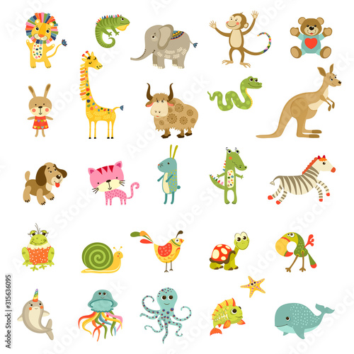 Vector cartoon animals set. Cute isolated animals collection.