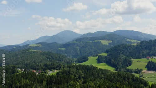 High angle aerial pan view of Prevalje region and landscapes in northern Slovenia, Carinthia photo