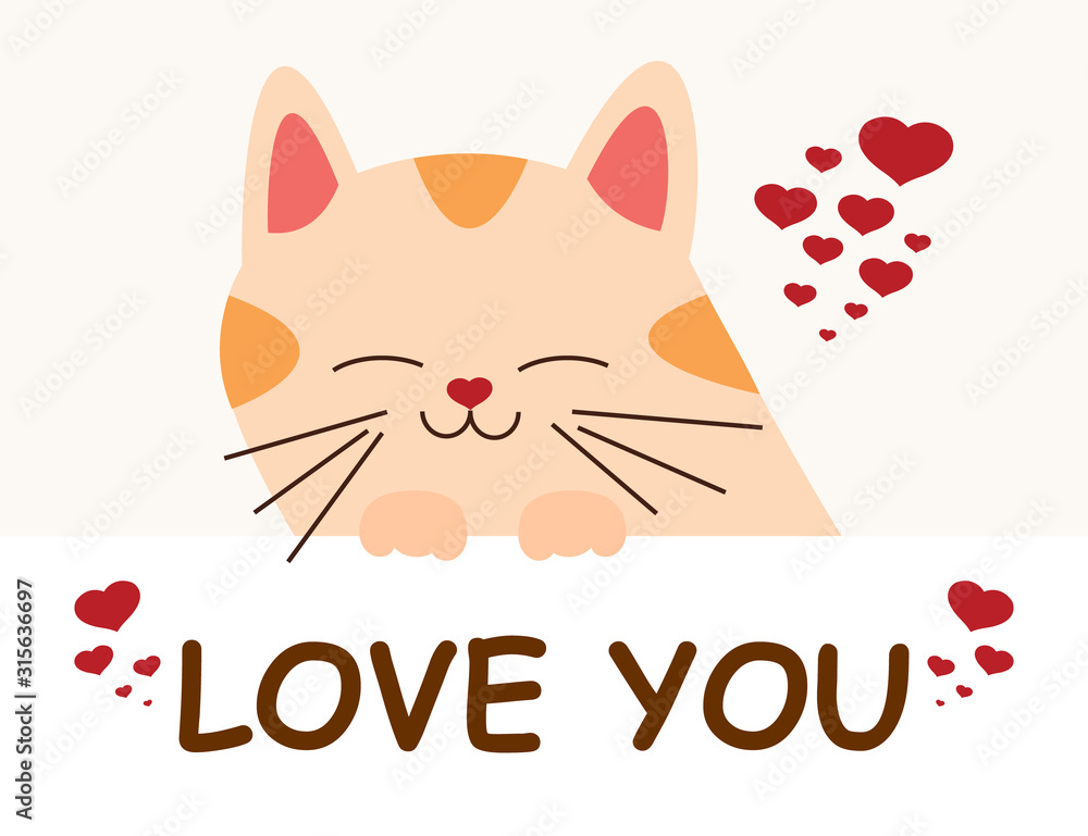 Funny cat poster. I love you lettering. Cartoon kitty in kawaii style for wedding card. Vector stock illustration in pastel tones eps10 Funny cat poster. I love you lettering. Cartoon kitty in kawaii style for wedding card. Vector stock illustration in pastel tones eps10