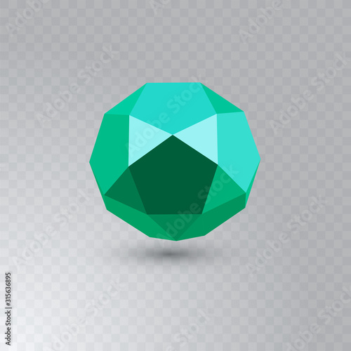 Green icosadodecahedron on transparent background. Jewellery stone. Icosahedron, dodecahedron. Abstract geometric shape. Vector illustration. photo