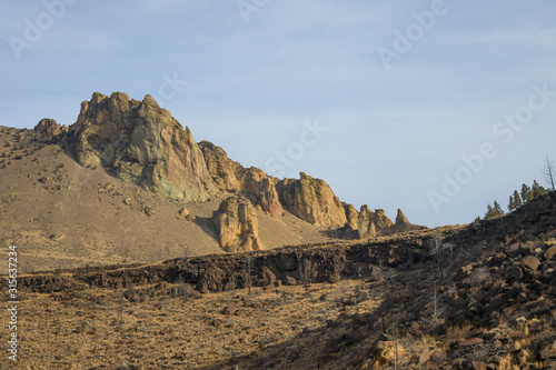 Rocks in a beautifully large canyon, desert with river. Smith Rock State Park National Park. Oregon State