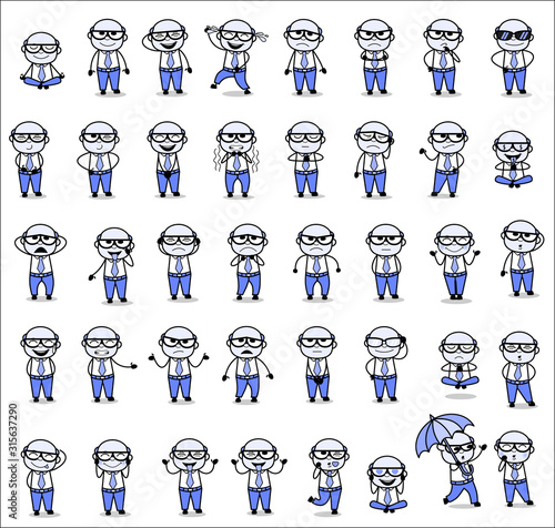 Various Comic Vintage Old Boss Poses - Set of Concepts Vector illustrations