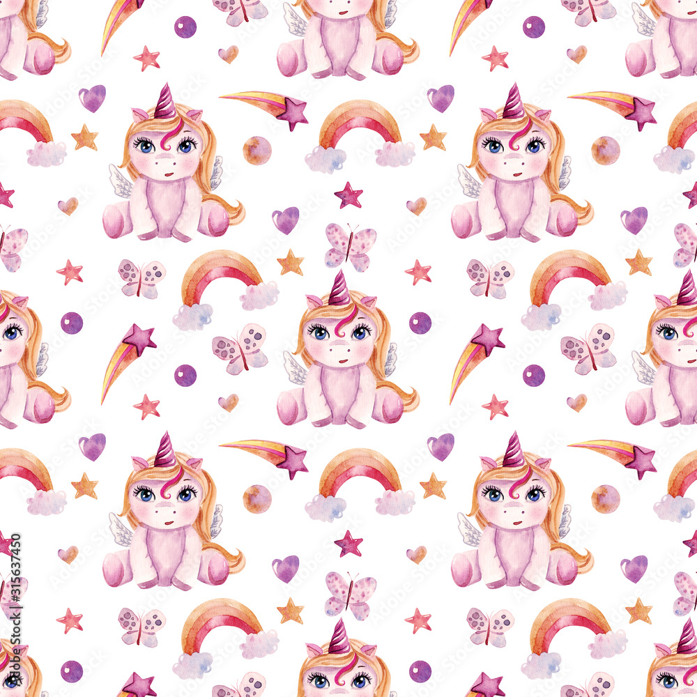Cute watercolor seamless pattern with unicorns. Farytail style. Can be used for nursery, baby room wallpaper, textile, print for princess