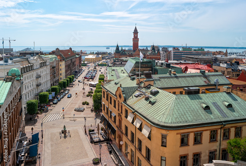 Quadro em tela Panoramic cityscape view with the tower of City Hall and roofs of Helsingborg town, Sweden