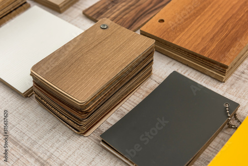 Wooden color swatch choosing wood material for architect or interior designer.