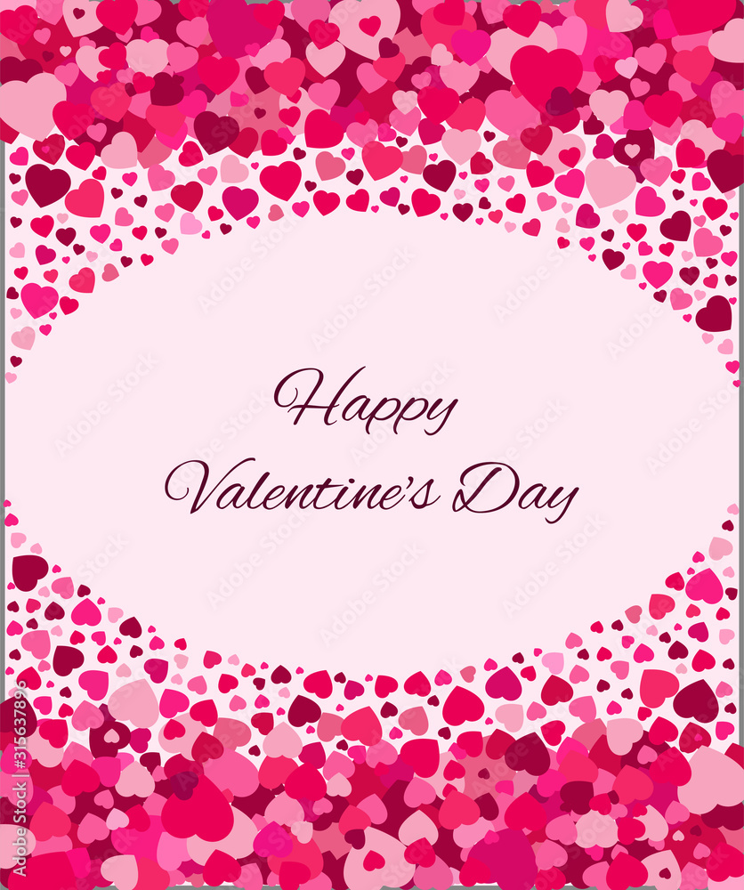 Happy Valentine's Day card. Vertical vector illustration with many pink hearts and text on an isolated background