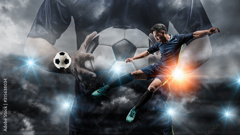 Photo & Art Print Soccer player kicks the ball on the soccer field