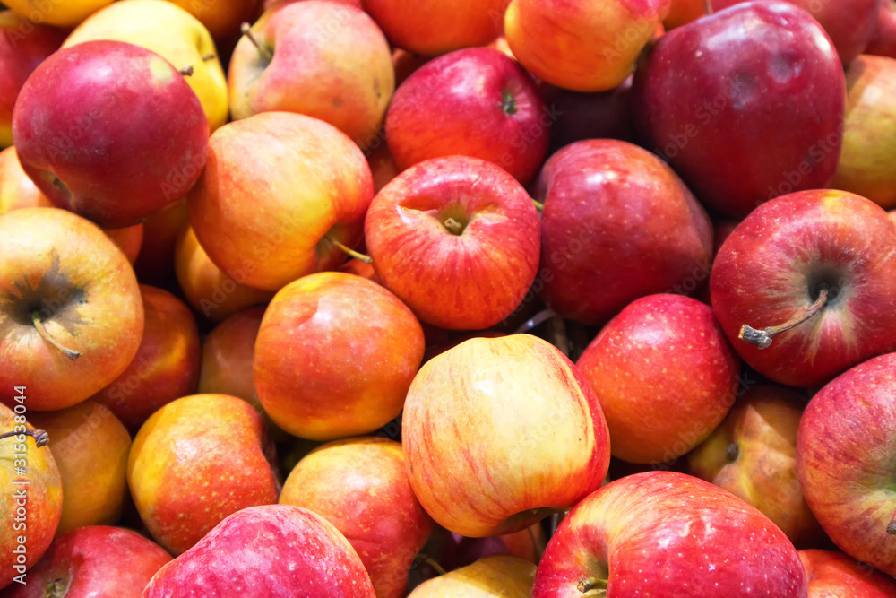 Appetizing fresh red sweet garden apples. View from above. Organic products. Fruit background Appetizing fresh red sweet garden apples. View from above. Organic products. Fruit background