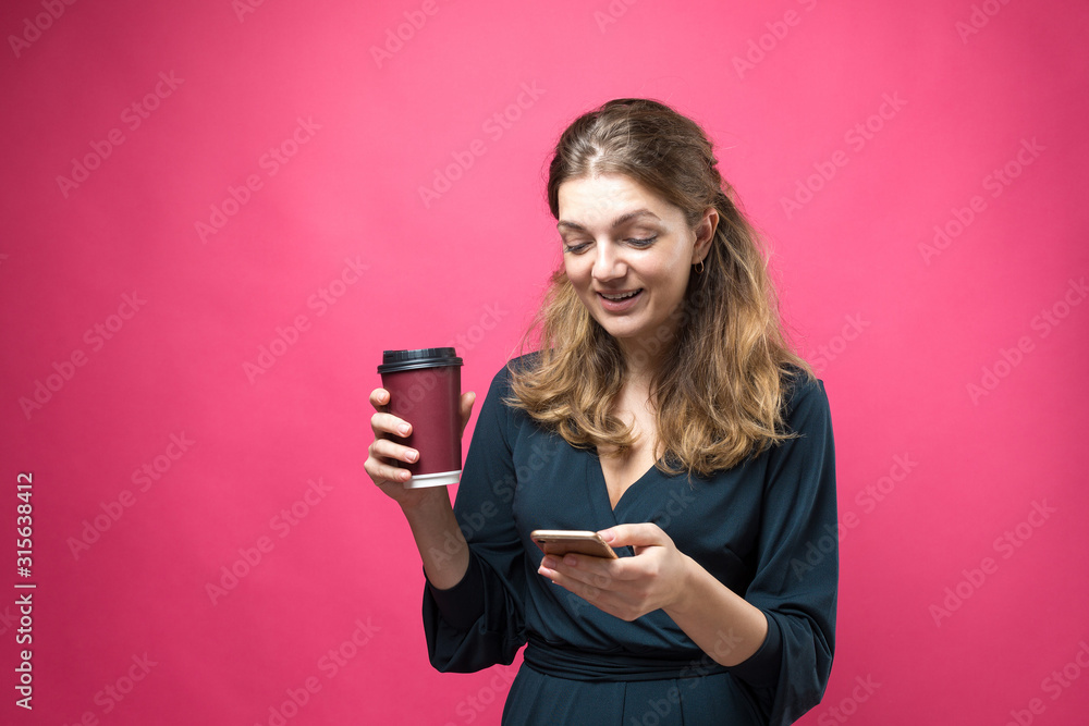 Glamor woman with a drink of coffee on a pink background. Glamor woman with a drink of coffee on a pink background.