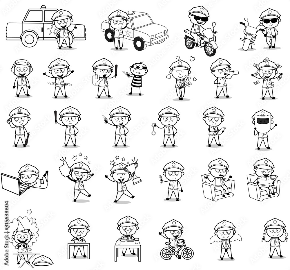 Drawing Art of Policeman Cop Character - Set of Concepts Vector illustrations