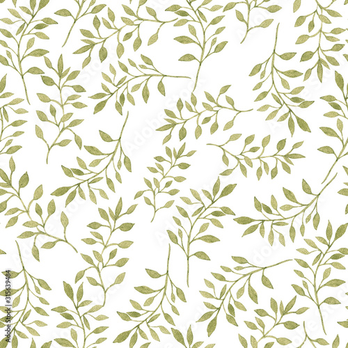 Seamless floral pattern with green leaves. Watercolor