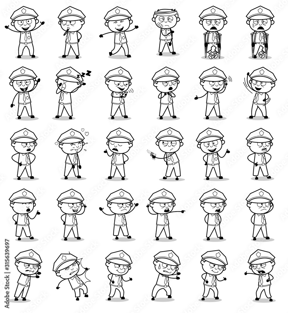 Various Retro Policeman Cop Poses - Set of Concepts Vector illustrations