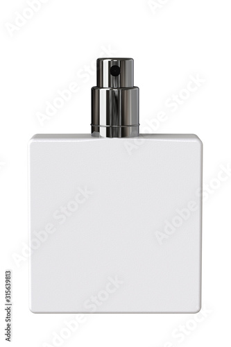 Square White Perfume Bottle with Sprayer. 3D Render Isolated on White Background.