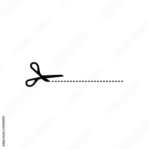 Black scissors icon with cut line on white background