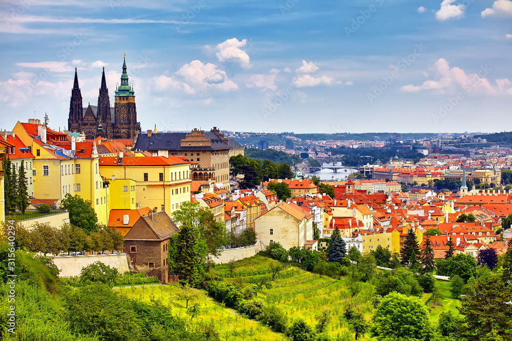 Prague panorama with Prague Castle, Prague river Vltava and many famous Prague sights and historic architecture