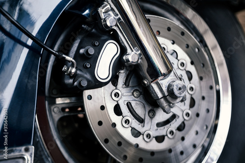 details of big bike disc brake, shallow depth of field
