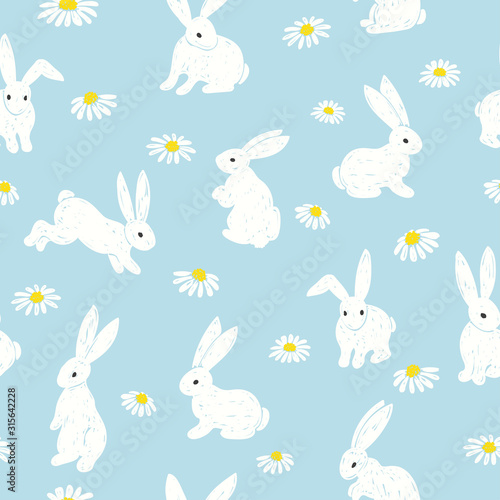Seamless Easter pattern with cute bunny and flowers. Doodle vector illustration