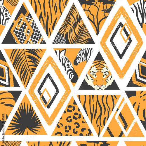 Seamless african pattern in patchwork style. Vector trendy background with animal print, palm leaves.
