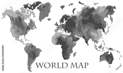 Watercolor style vector illustration of world global map painted in black splash