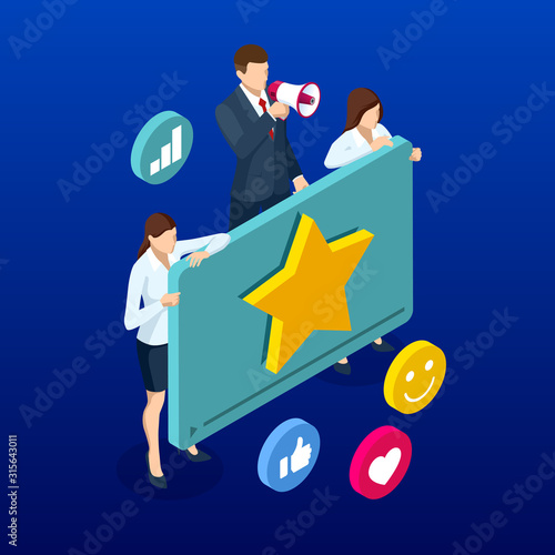 Isometric video rating, video channel promotion, marketing, business presentation, online advertising concept.