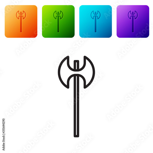 Black line Medieval axe icon isolated on white background. Battle axe, executioner axe. Medieval weapon. Set icons in color square buttons. Vector Illustration