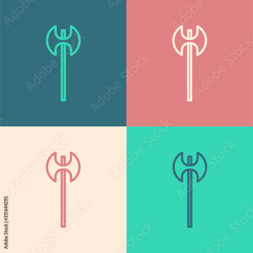 Color line Medieval axe icon isolated on color background. Battle axe, executioner axe. Medieval weapon. Vector Illustration