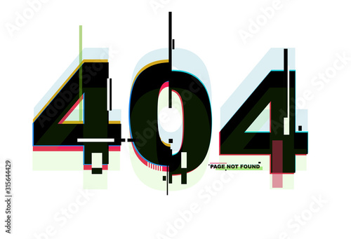 404 inscription in distorted glitch effect on white background. Digital abstract concept. Colorful stylish vector illustration for branding, cover, poster, print or web design.