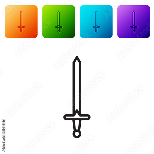 Black line Medieval sword icon isolated on white background. Medieval weapon. Set icons in color square buttons. Vector Illustration