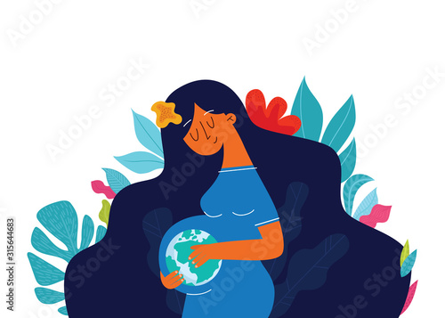 Happy pregnancy and cute pregnant woman. Vector illustration of woman expecting for a baby. Flat cartoon vector illustration